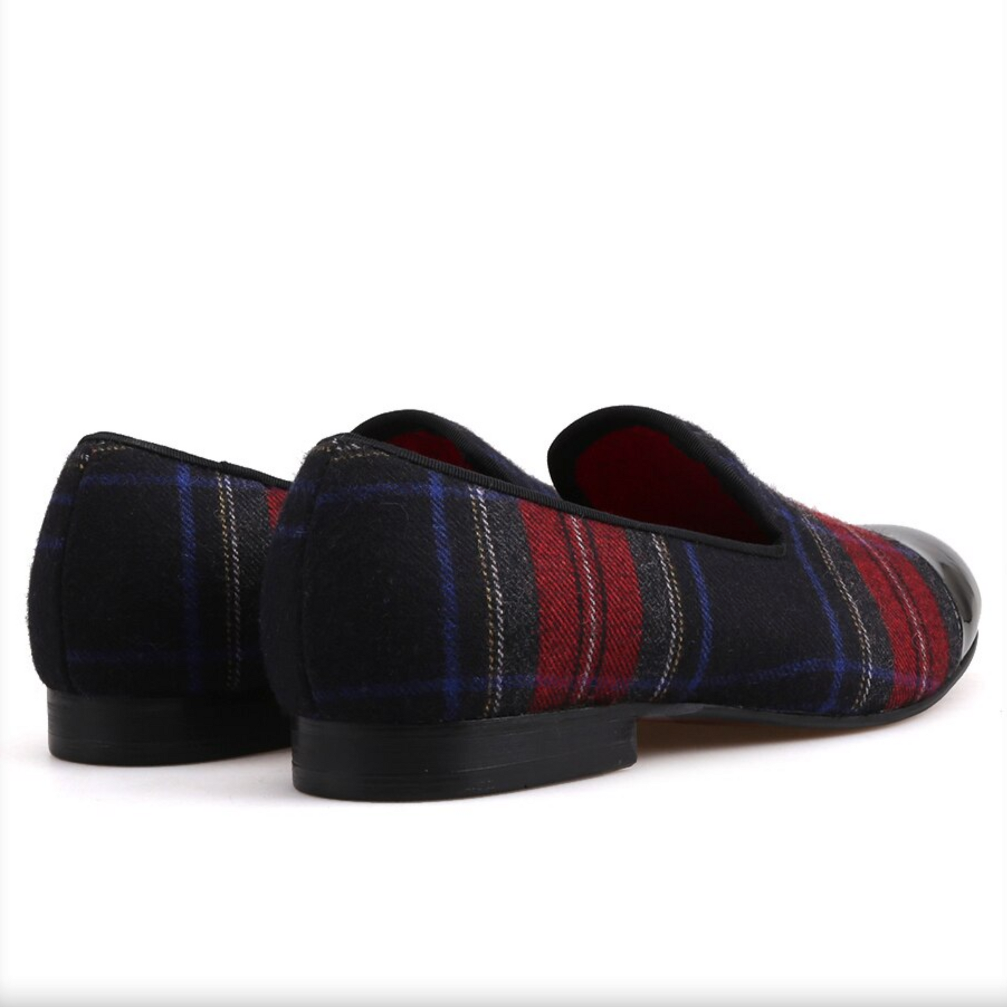 Tartan fabric loafers with red quilted lining and a black leather-look toe cover.